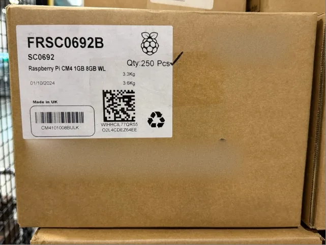 Factory-sealed OEM box of 250 Raspberry Pi CM4101008 Compute Module 4 units, manufacturer label reading SC0692, Raspberry Pi CM4 1GB 8GB WL, Qty 250 Pcs, Made in UK
